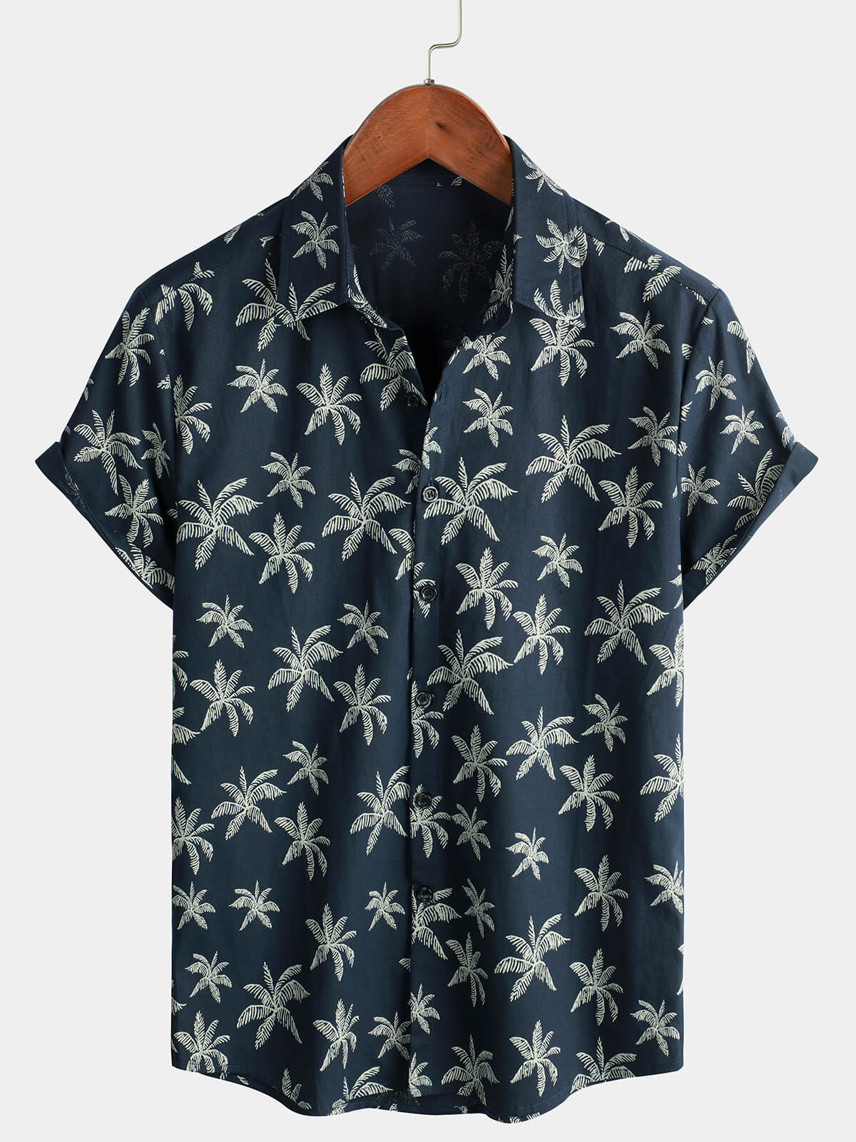 Men's Palm Tree Print Cotton Navy Blue Button Up Short Sleeve Hawaiian Shirt
