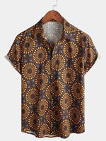 Men's Vintage Cotton 70s Leisure Brown Floral Retro Western Short Sleeve Button Up Shirt