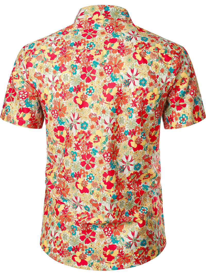 Men's Cotton Vintage Floral Printed Retro Casual Button Beach Short Sleeve Shirt