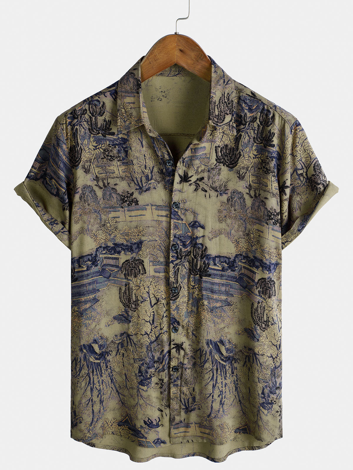 Men's Breathable Rayon Vintage Floral Print Vacation Retro Short Sleeve Shirt