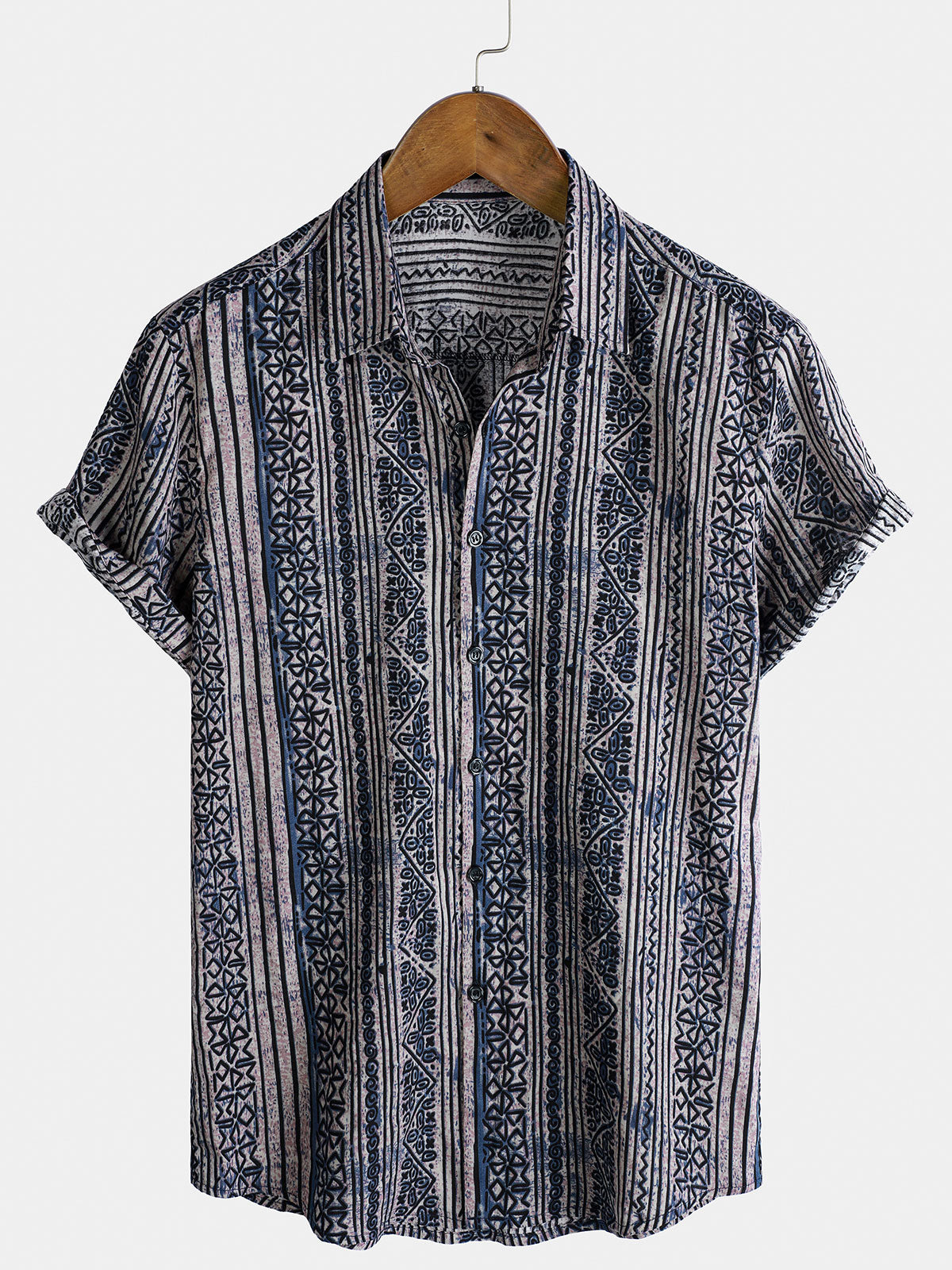 Men's Boho Navy Blue Stripe Print Short Sleeve Shirt