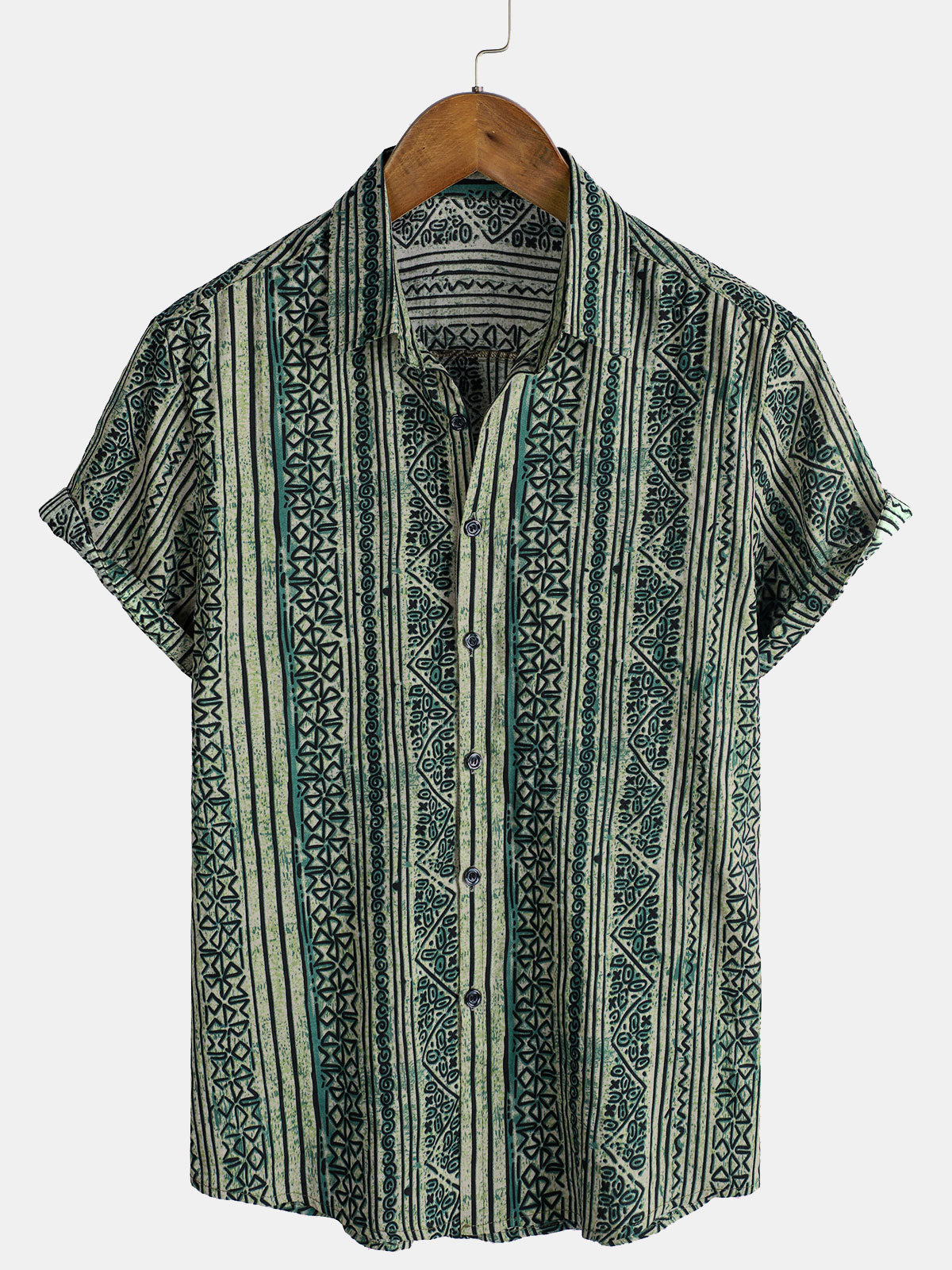 Men's Boho Green Stripe Print Short Sleeve Shirt