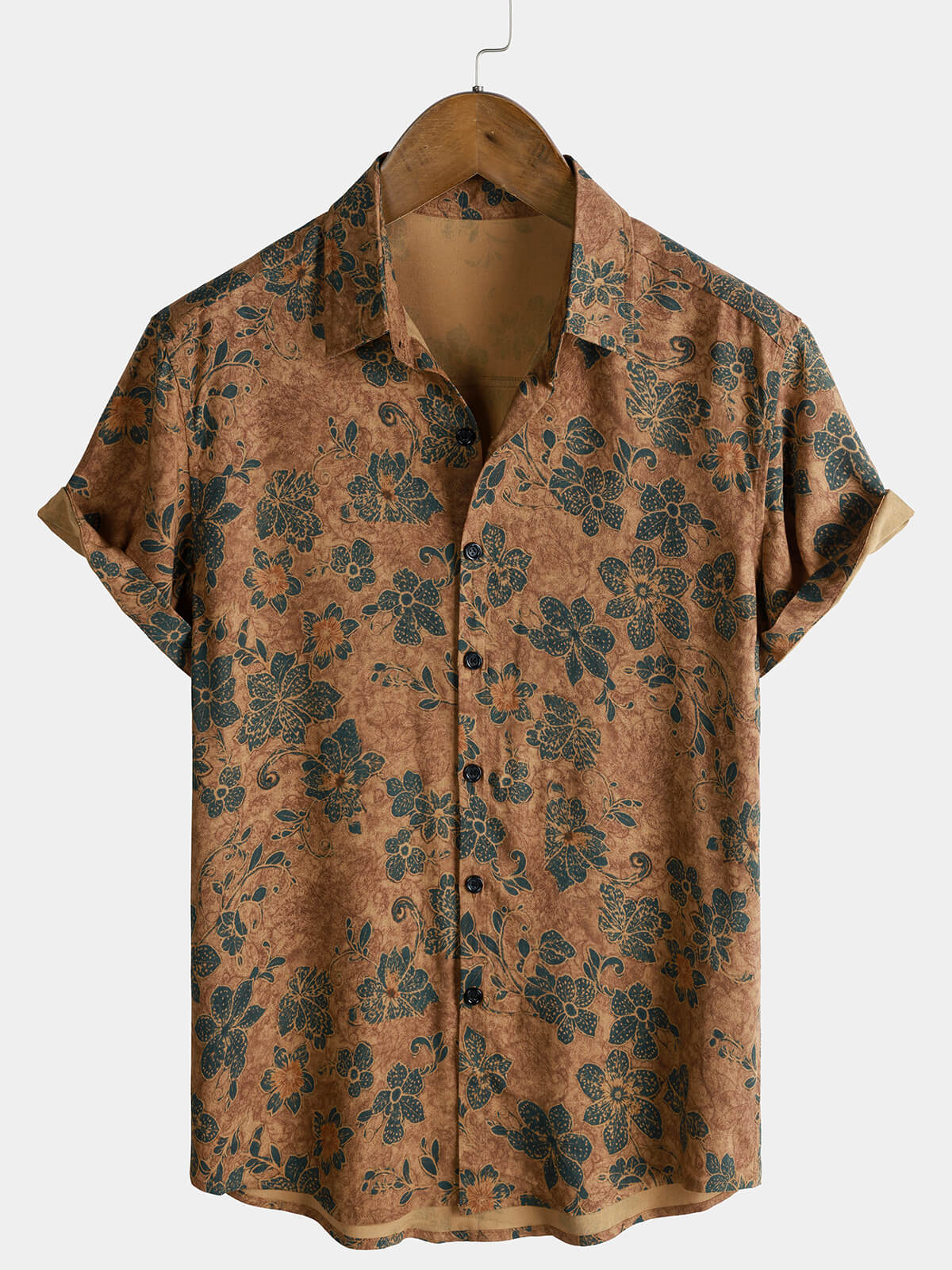 Men's Khaki Floral Print Vintage Summer Button Up Short Sleeve Shirt