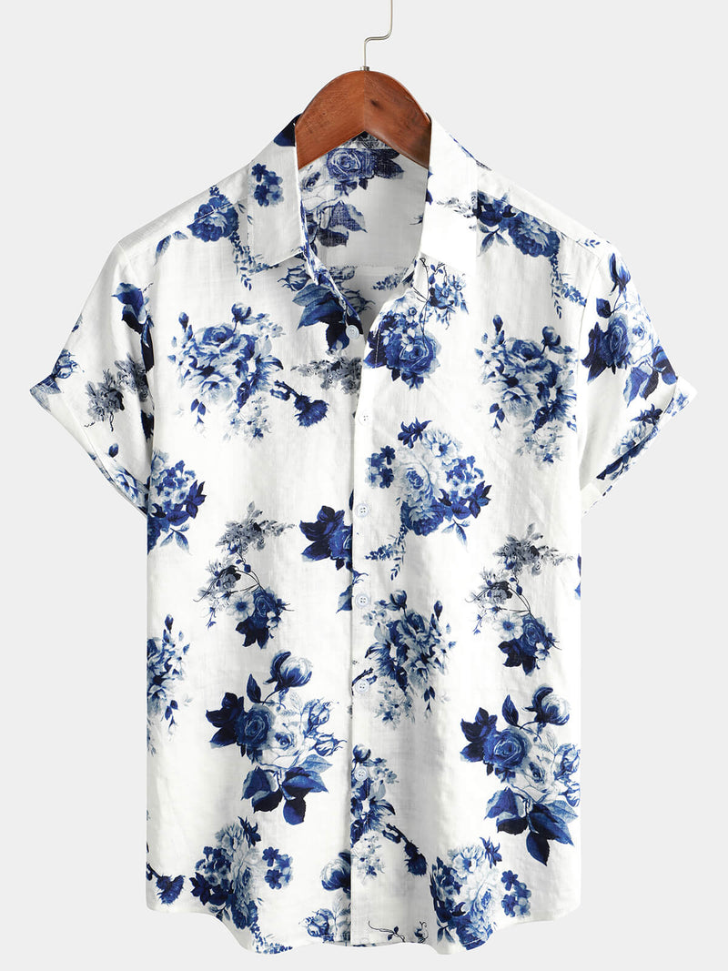 Men's Blue Floral Print Cotton Beach Holiday Button Up Short Sleeve White Lapel Hawaiian Shirt