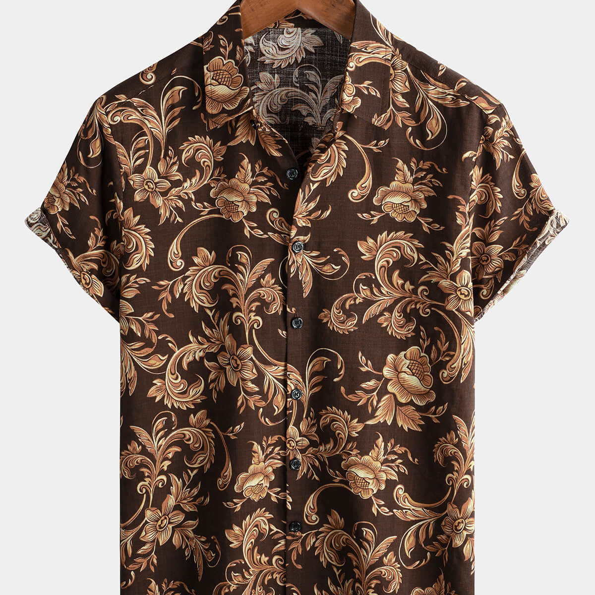 Men's Button Up Baroque Print Cool Summer Vacation Beach Brown Vintage Floral Short Sleeve Shirt