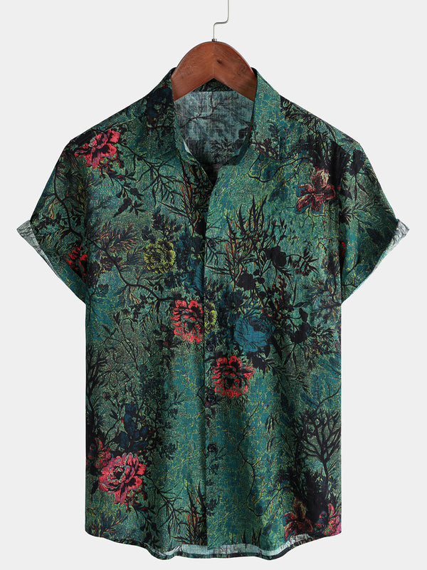 Men's Green Vintage Floral Print Soft Summer Short Sleeve Shirt