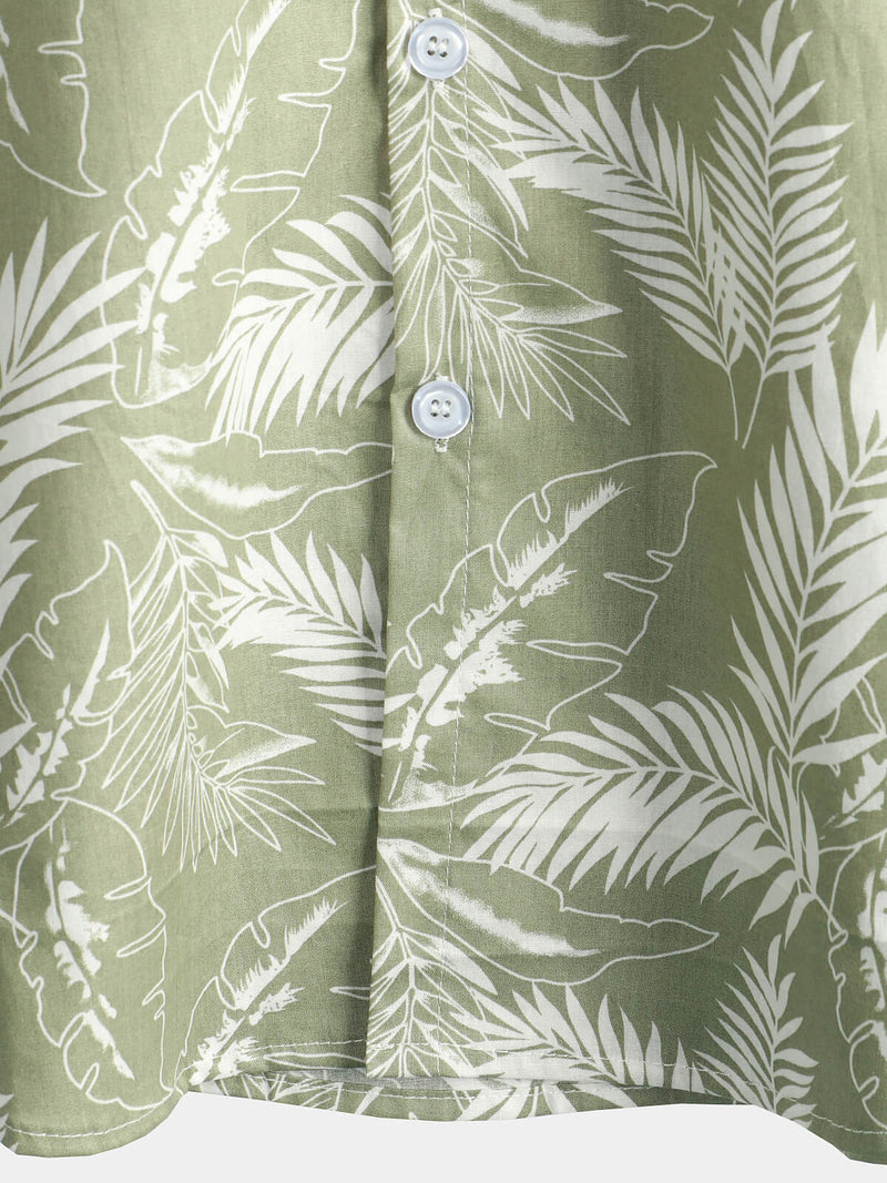 Men's Light Green Hawaiian Soft Tropical Leaf Beach Holiday Cotton Breathable Button Up Short Sleeve Shirt
