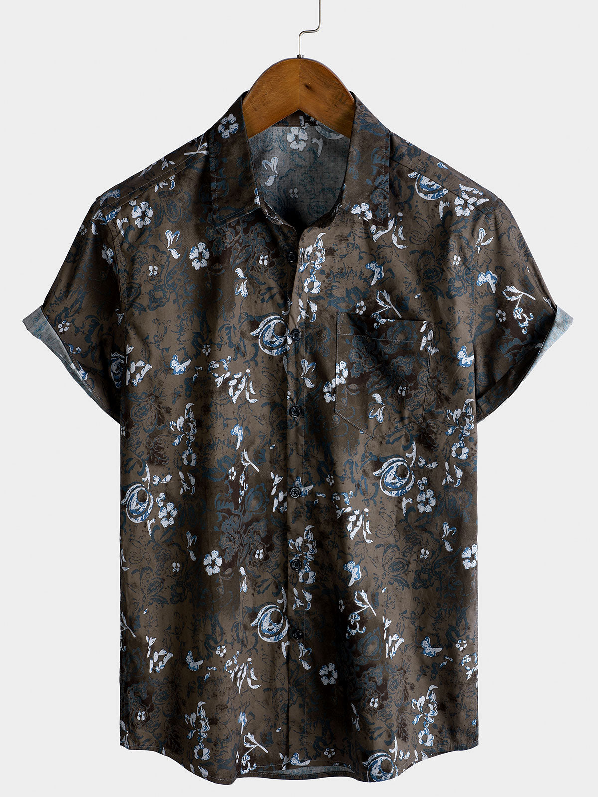 Men's Retro Flower Print Vintage Floral Holiday Cotton Short Sleeve Shirt