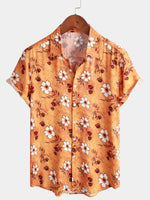 Men's Floral Orange Hawaiian Soft Rayon Beach Holiday Button Up Short Sleeve Shirt