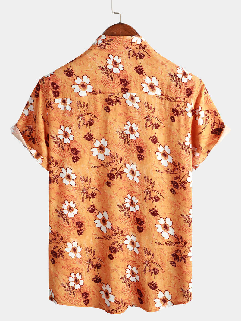 Men's Floral Orange Hawaiian Soft Rayon Beach Holiday Button Up Short Sleeve Shirt