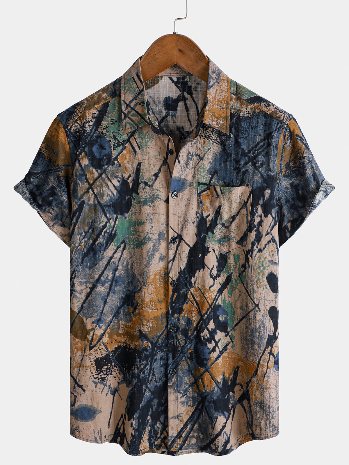 Men's Summer Abstract Pocket Holiday Button Up Short Sleeve Shirt