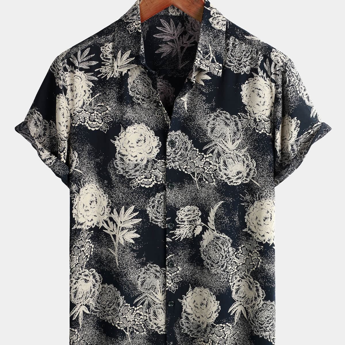 Men's Vintage Floral Short Sleeve Retro Soft Rayon Navy Blue Summer Button Up Shirt