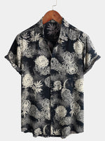 Men's Vintage Floral Short Sleeve Retro Soft Rayon Navy Blue Summer Button Up Shirt
