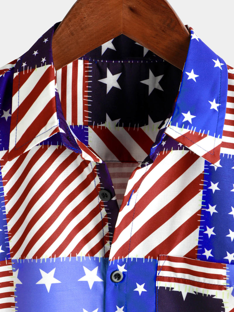 Men's 4th of July Star Print American Flag USA Patriotic Button Up Short Sleeve Shirt