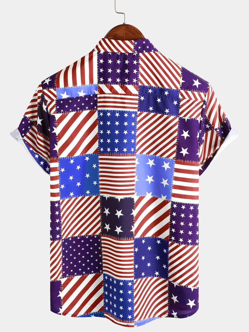 Men's 4th of July Star Print American Flag USA Patriotic Button Up Short Sleeve Shirt