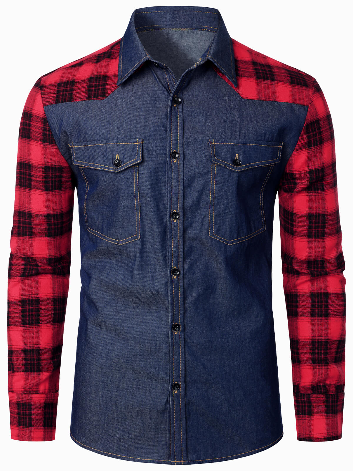 Men's Plaid Flannel Patchwork Denim Casual Button Up Long Sleeve Shirt