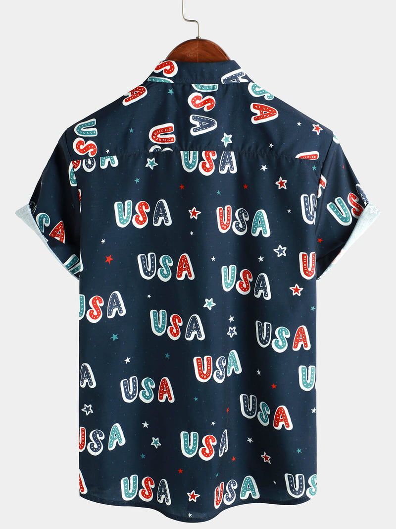 Men's 4th of July Cute USA Print American Patriotic Button Up Summer Short Sleeve Shirt