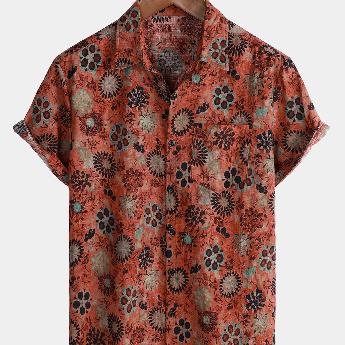 Men's Casual Red Vintage Floral Print Short Sleeve Hawaiian Cotton Shirt