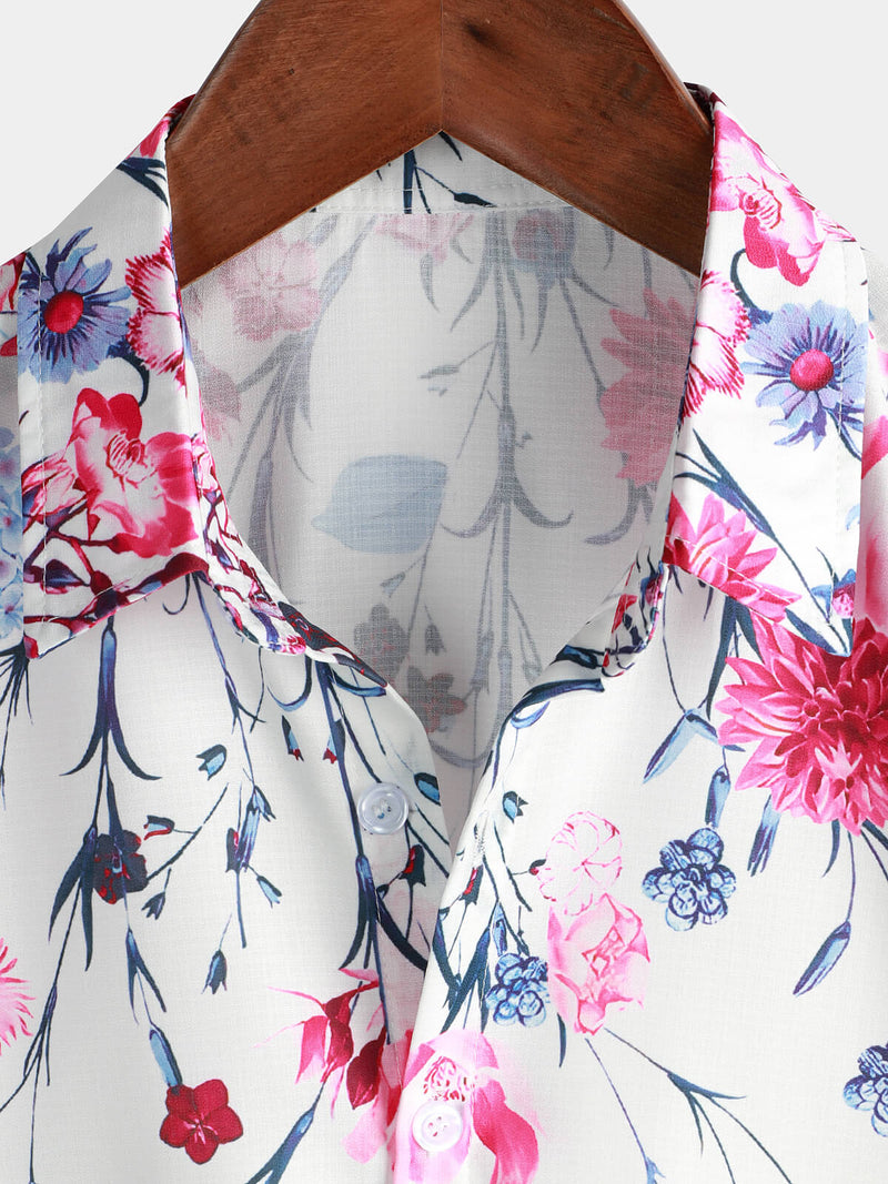 Men's Floral Tops Flower Print Short Sleeve Button Up Summer Cruise Shirt