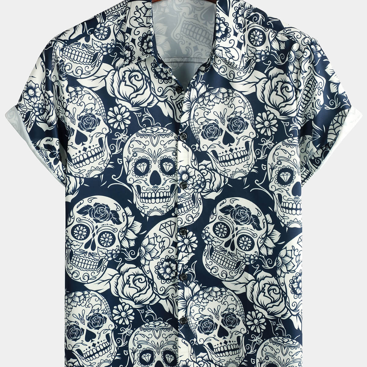 Men's Sugar Skull Floral Print Cool Button Up Funny Short Sleeve Hawaiian Shirt