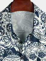 Men's Sugar Skull Floral Print Cool Button Up Funny Short Sleeve Hawaiian Shirt