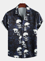 Men's Rose Skull Print Black Casual Rock and Roll Short Sleeve Shirt