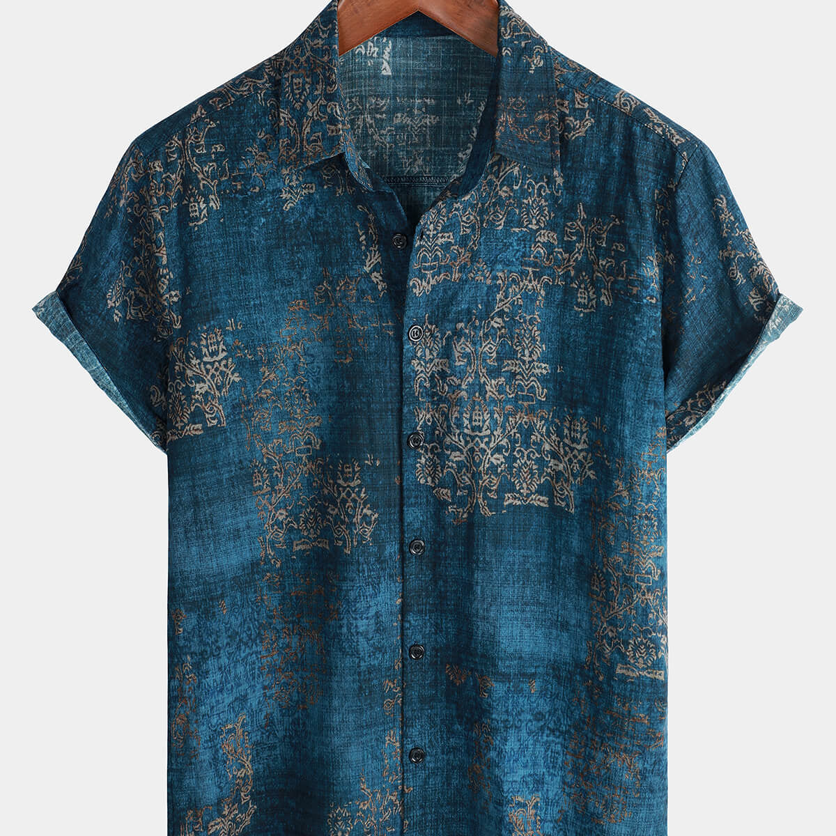 Men's Blue Cotton Vintage Short Sleeve Summer Button Up Shirt
