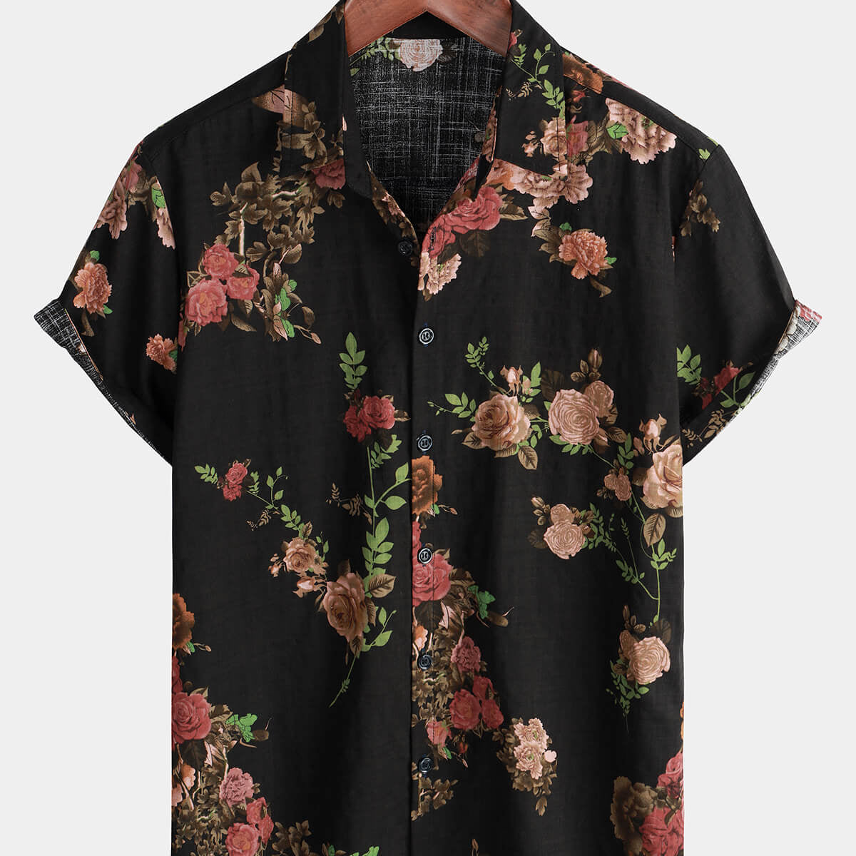 Men's Vintage Rose Cotton Floral Button Up Holiday Summer Beach Hawaiian Shirt