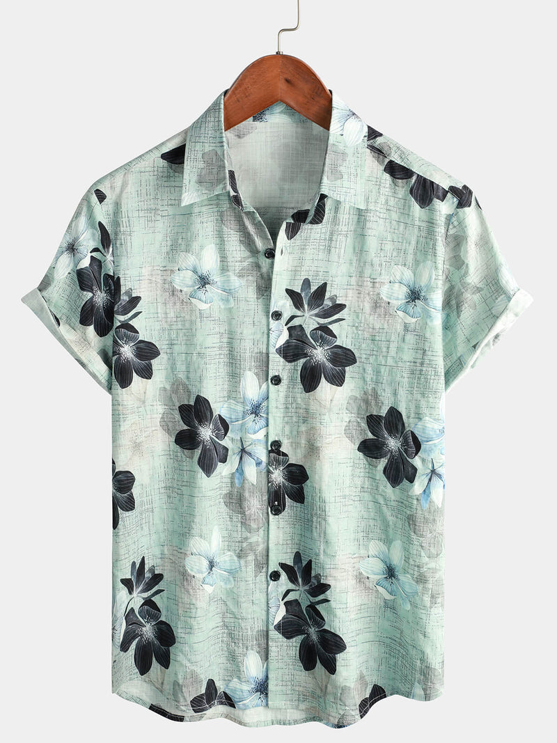 Men's Floral Cotton Short Sleeve Button Up Light Green Hawaiian Beach ...