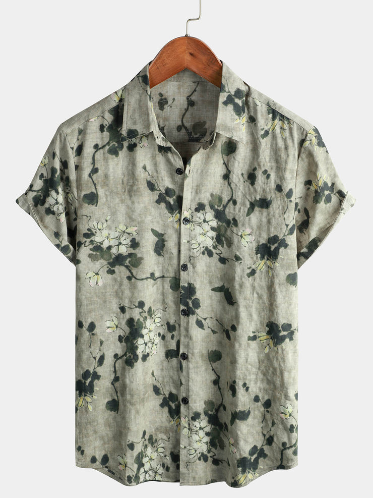 Men's Vintage Floral Cotton Breathable Short Sleeve Grey Button Up Shi ...