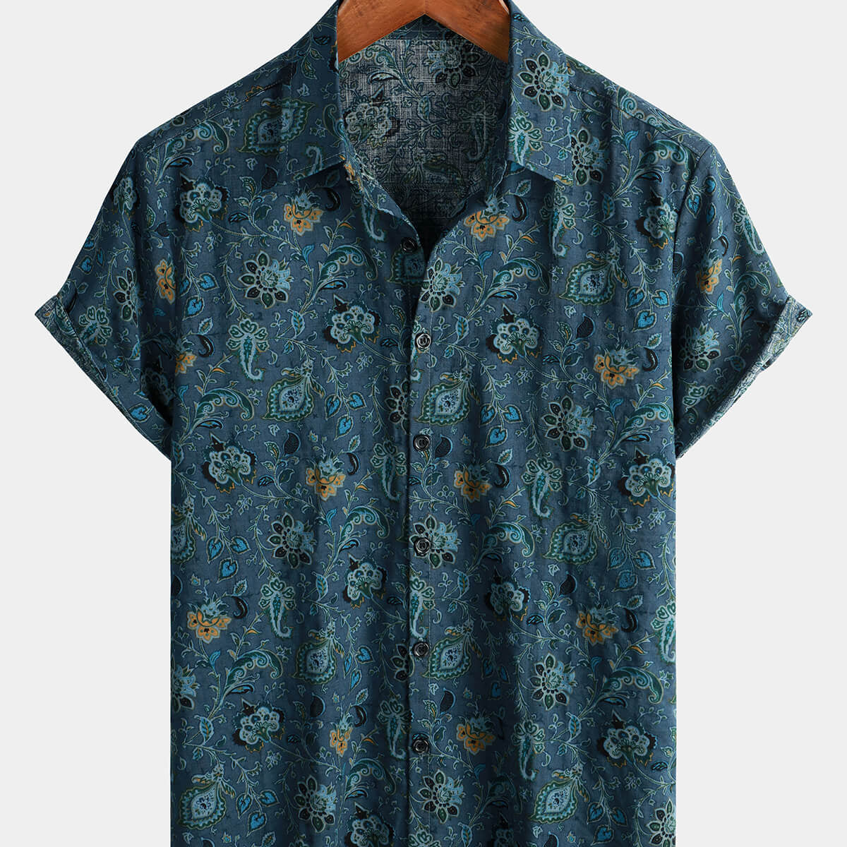 Men's Paisley Vintage Floral Retro Button Up Blue Summer Holiday Short Sleeve Shirt