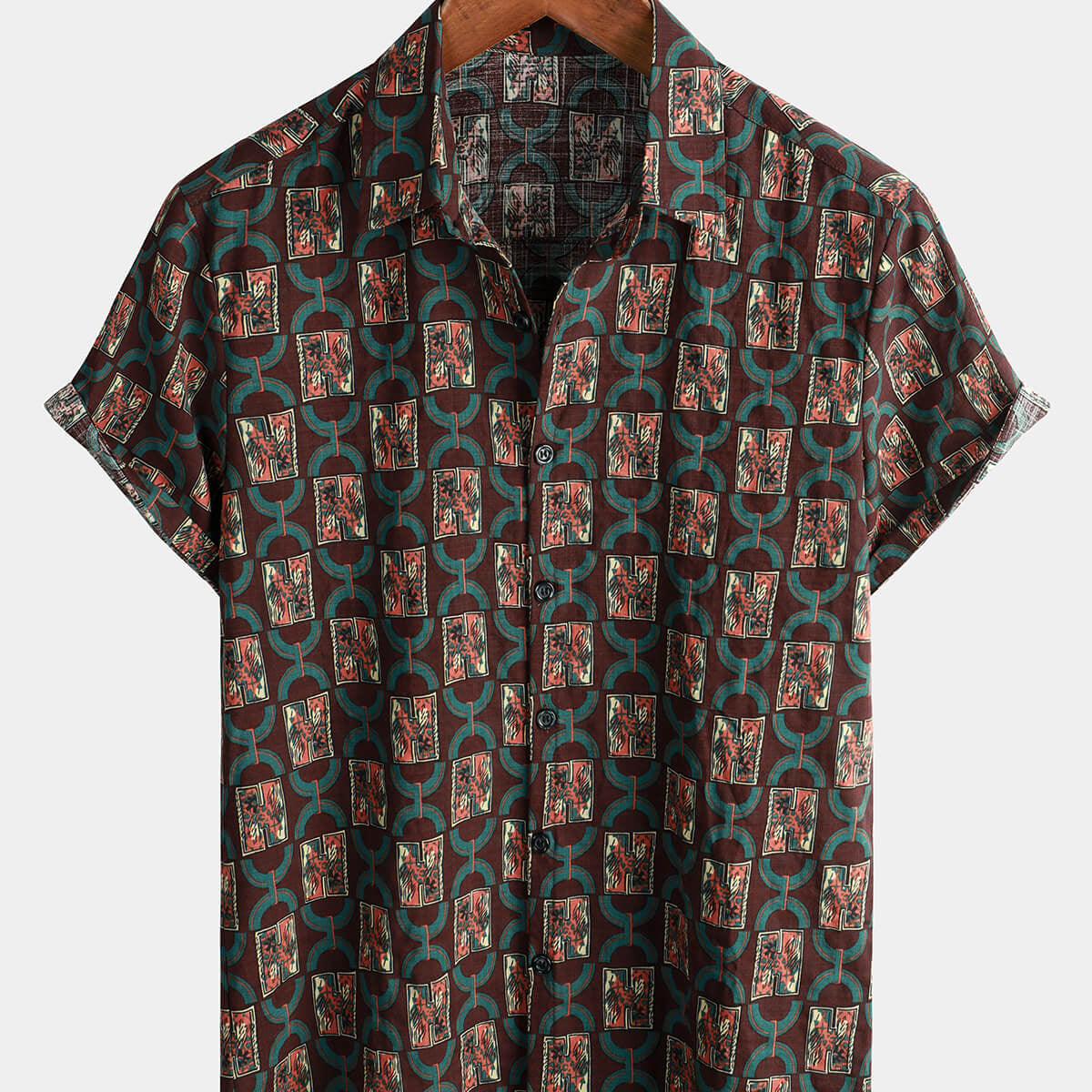 Men's Vintage Geometric Art Print Cotton Button Up Summer Western Brown Short Sleeve Shirt