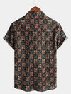 Men's Vintage Geometric Art Print Cotton Button Up Summer Western Brown Short Sleeve Shirt