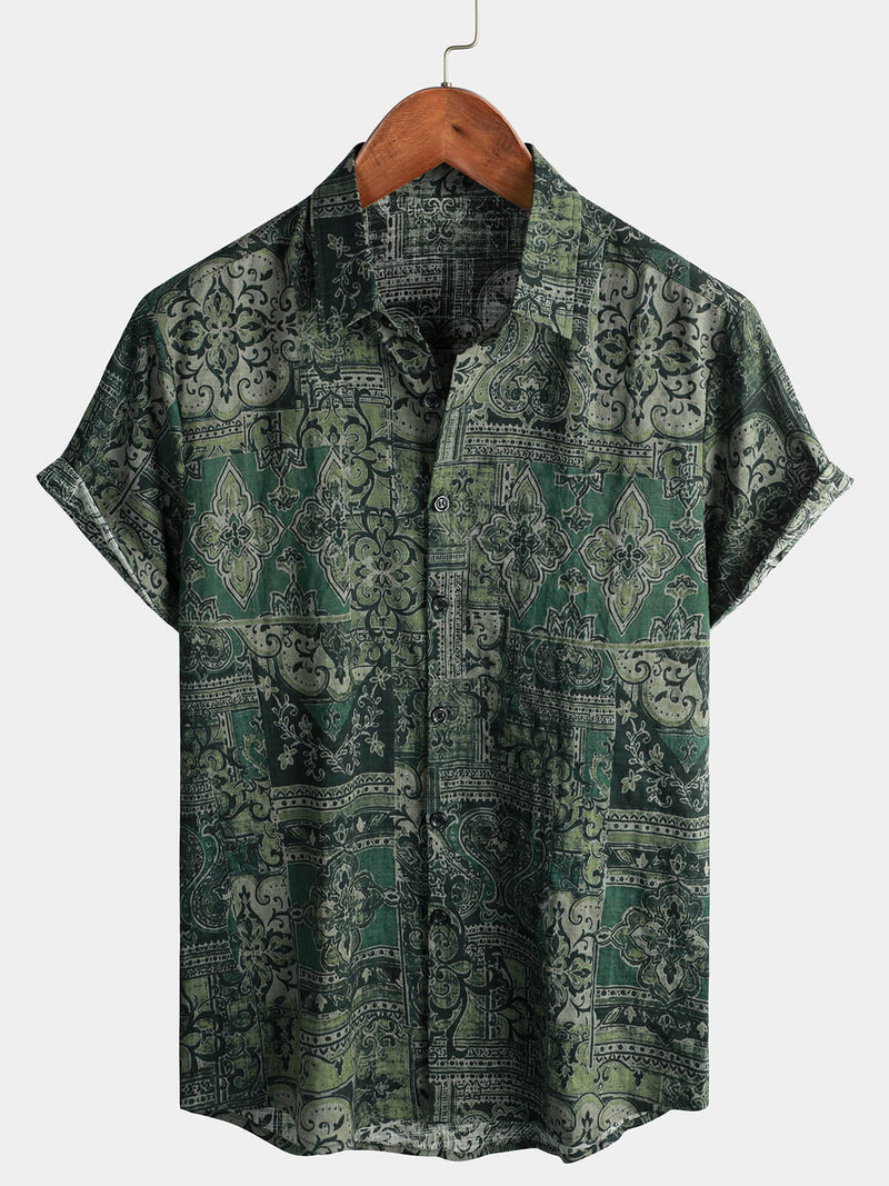 Men's Retro Floral Paisley Print Cotton Button Up Vintage Holiday Western Green Short Sleeve Shirt
