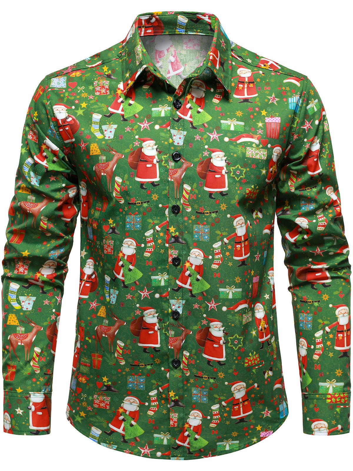 Men's Christmas Festive Santa Claus Gift Pattern Print Holiday Party Long Sleeve Button Down Shirt