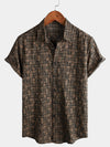 Men's Vintage Print Cotton Button Up Summer Western Brown Beach Short Sleeve Shirt