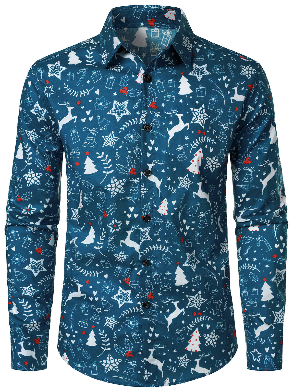 Men's Christmas Reindeer Print Cotton Holiday Long Sleeve Shirt
