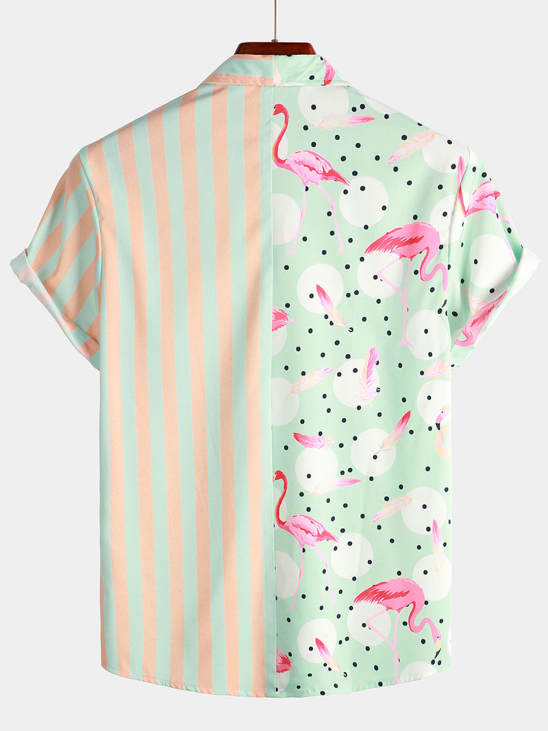 Men's Tropical Flamingo & Striped Print Holiday Short Sleeve Shirt