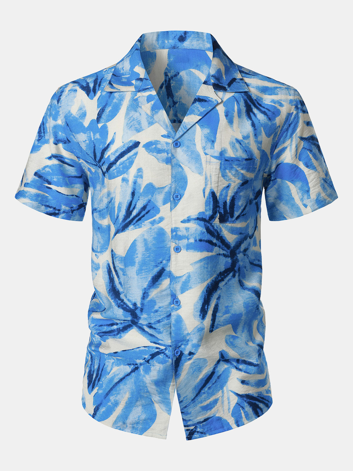 Men's Blue Tropical Leaves Print Pocket Hawaiian Cuban Collar Short Sleeve Shirt
