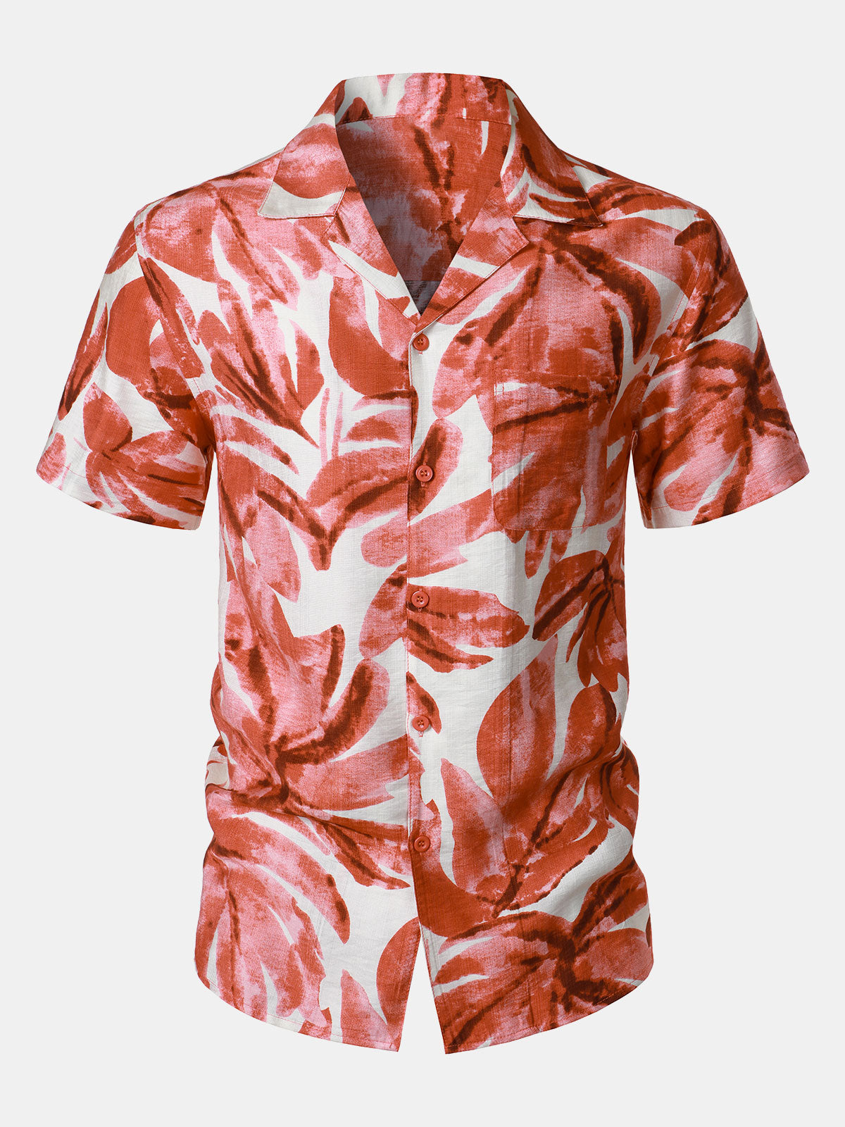 Men's Red Tropical Leaves Print Pocket Hawaiian Short Sleeve Shirt