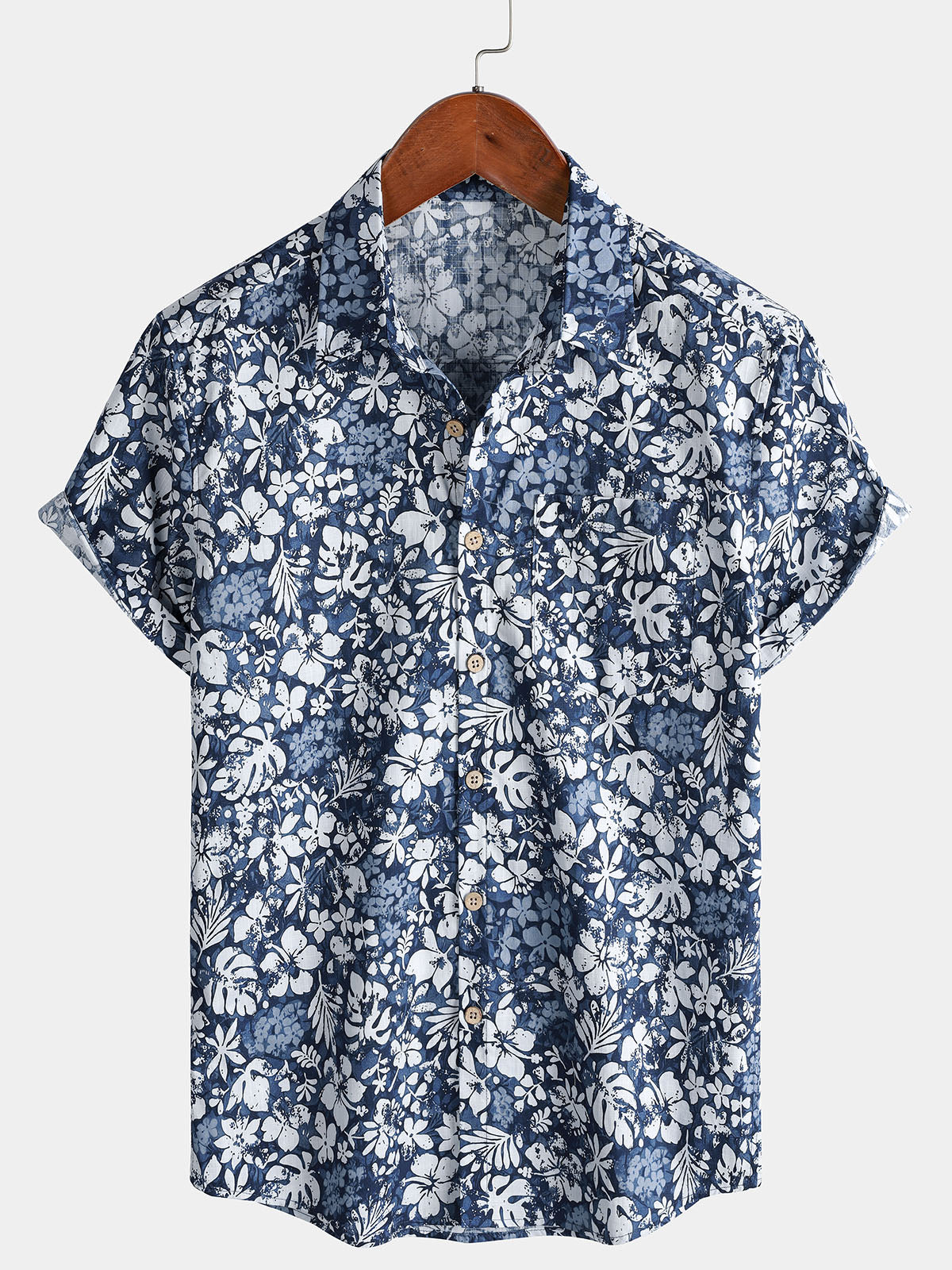 Men's Short Sleeve Cotton Breathable Island Holiday Hibiscus Print Retro Shirt