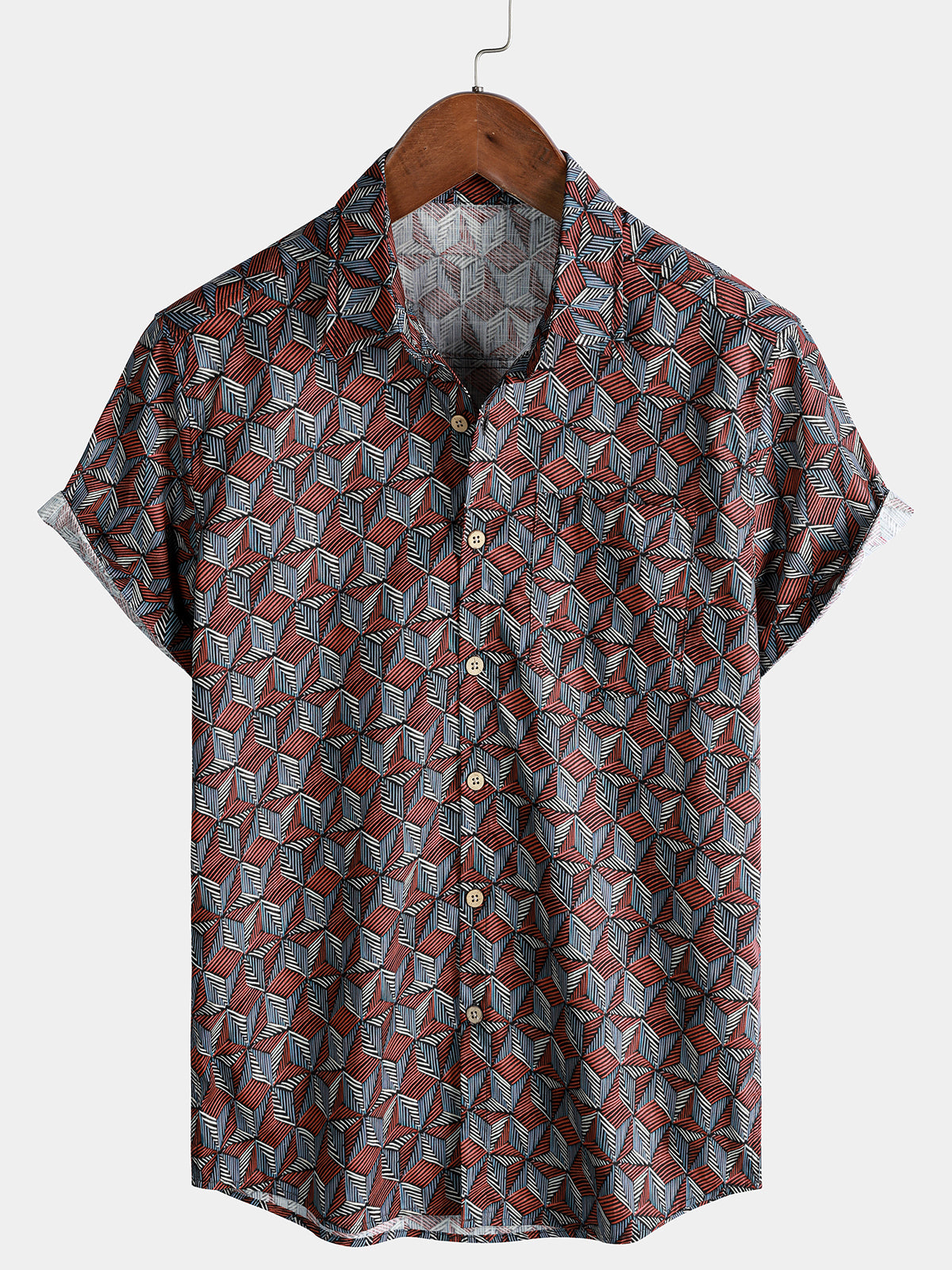 Men’s Geometric Pattern Short Sleeve Button Up Breathable Cool Everyday Casual Shirt