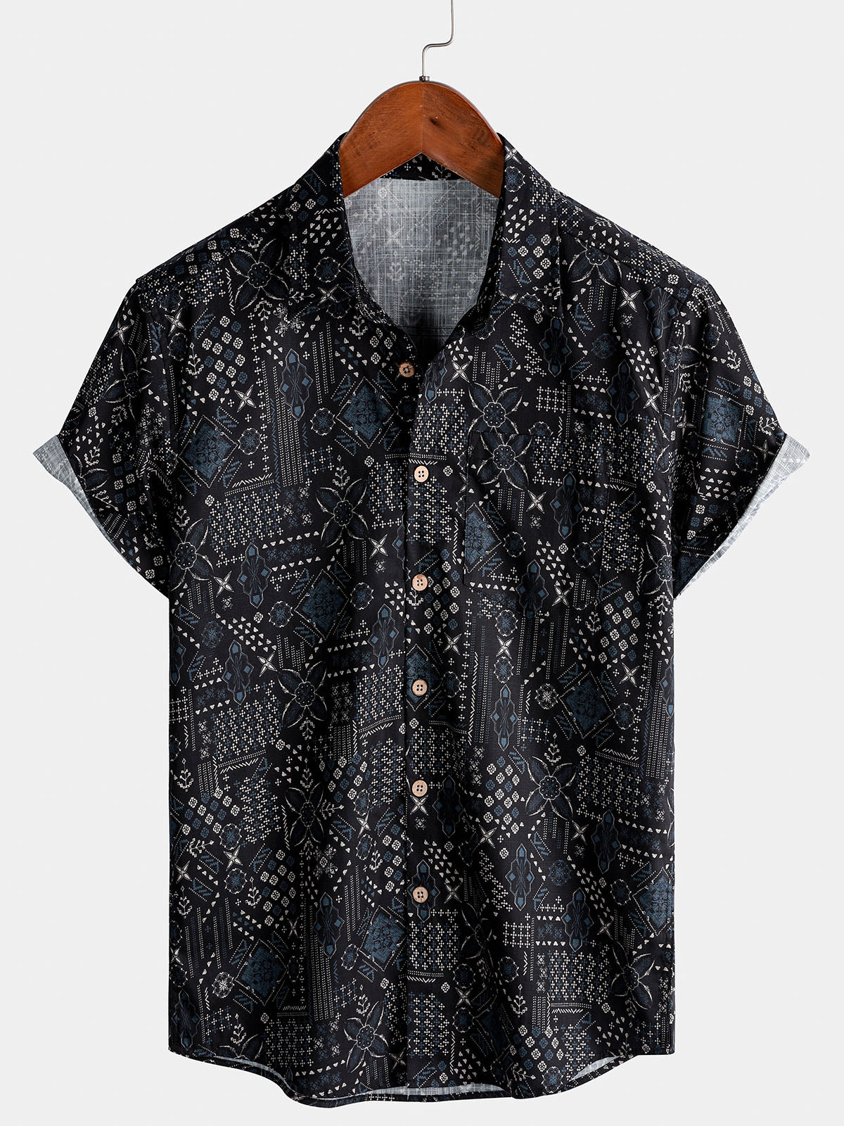 Men's Vintage Patchwork Print Resort Breathable Short Sleeve Cotton Shirt