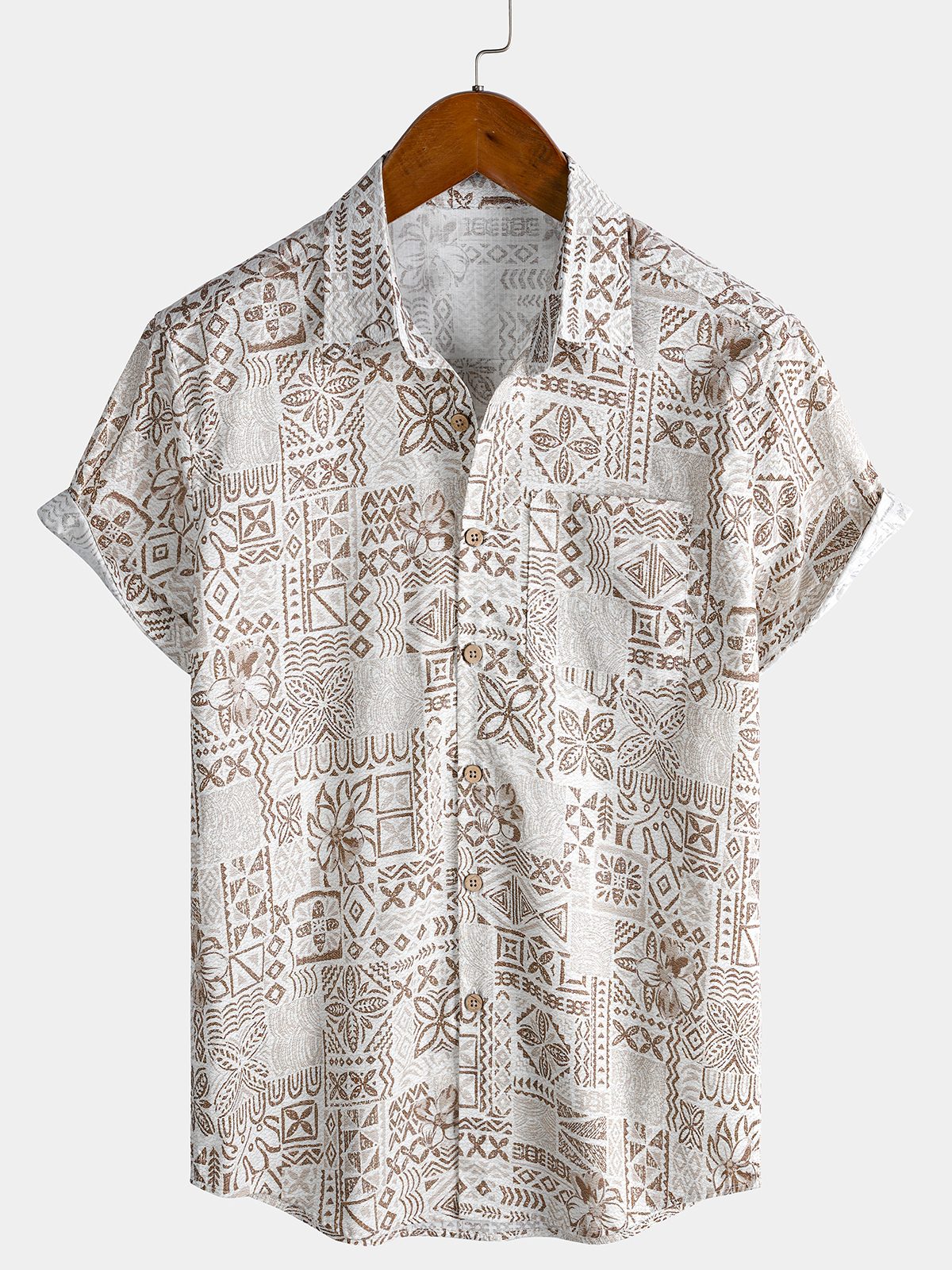 Men's Short Sleeve Cotton Breathable Bohemian Retro Geometric Print Resort Shirt