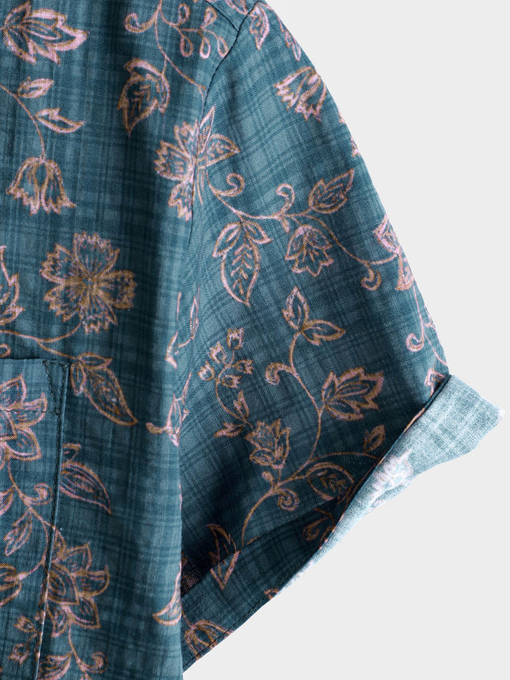 Grey Vintage Floral Print Men's Short Sleeve Shirt