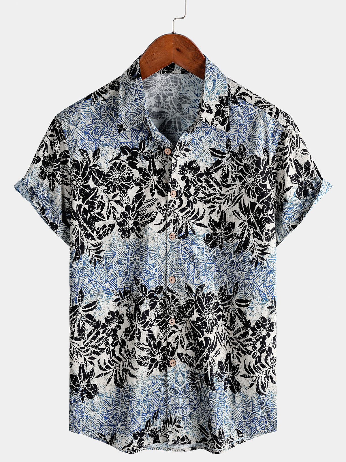 Men's Short Sleeve Cotton Breathable Retro Bohemian Botanical Print Island Holiday Shirt