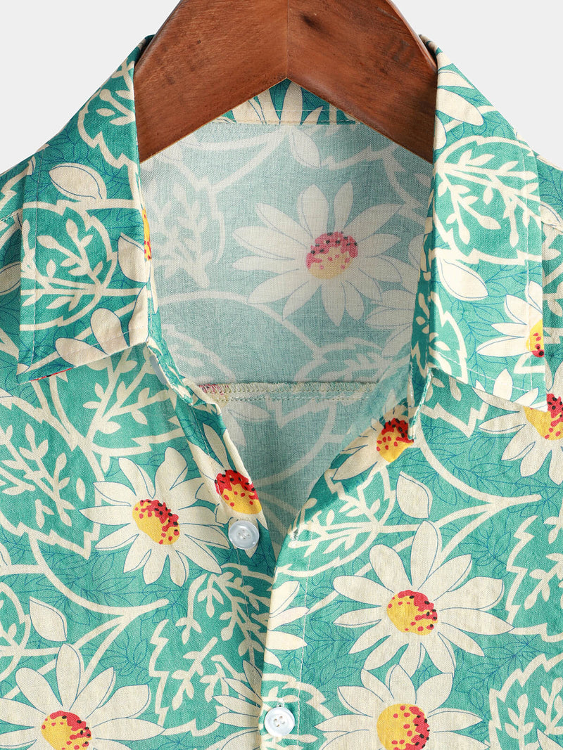 Men's Green Retro Beach Daisy Hawaiian Cotton Holiday Button Up Short Sleeve Floral Shirt