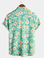 Men's Green Retro Beach Daisy Hawaiian Cotton Holiday Button Up Short Sleeve Floral Shirt