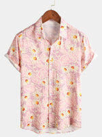 Men's Pink Floral Cute Daisy Flower Retro Beach Hawaiian Cotton Holiday Button Up Short Sleeve Shirt
