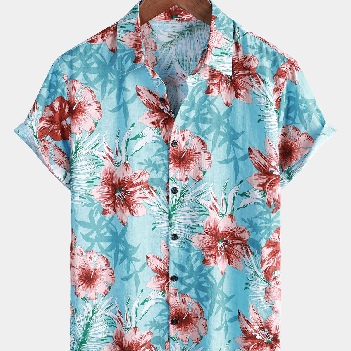 Men's Hawaiian Tropical Button Hibiscus Floral Print Vacation Beach Blue Short Sleeve Shirt
